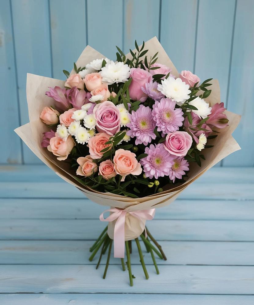 Букет цветов из: Хризантемы, Розы и Альстромерии в Ленинском Ставропольского края