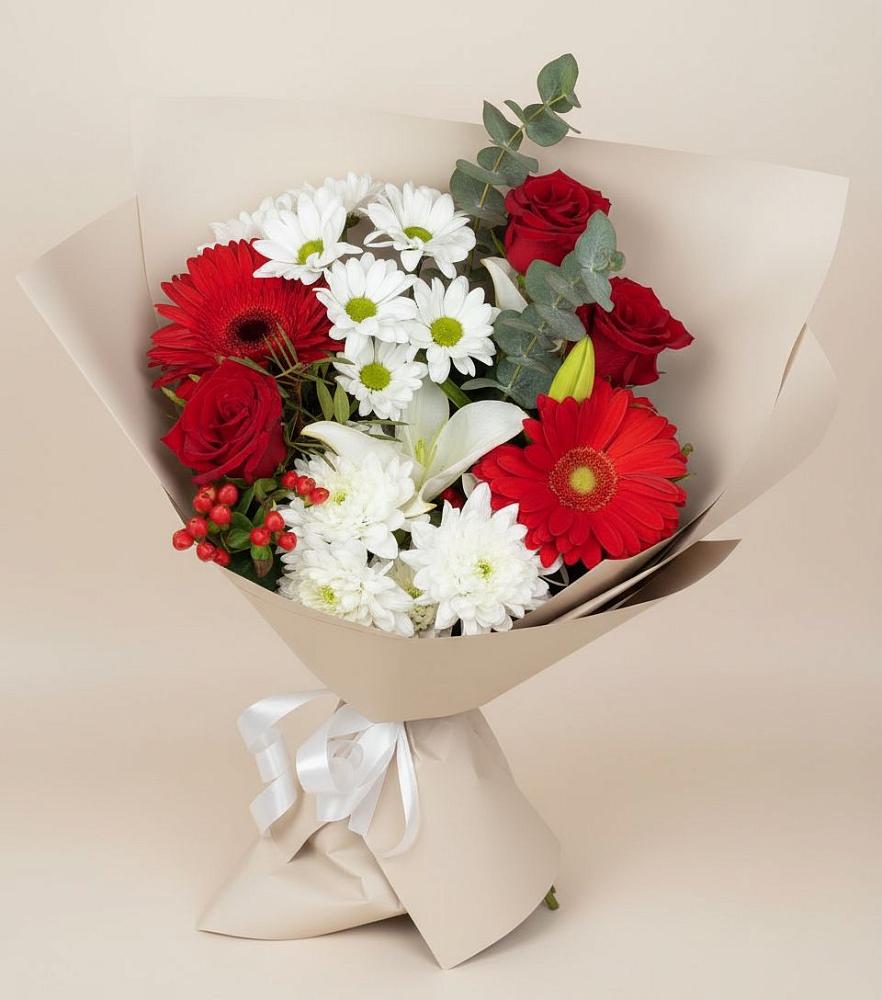 Букет цветов из: Розы, Хризантемы, Герберы и Лилии в Ленинском Ставропольского края