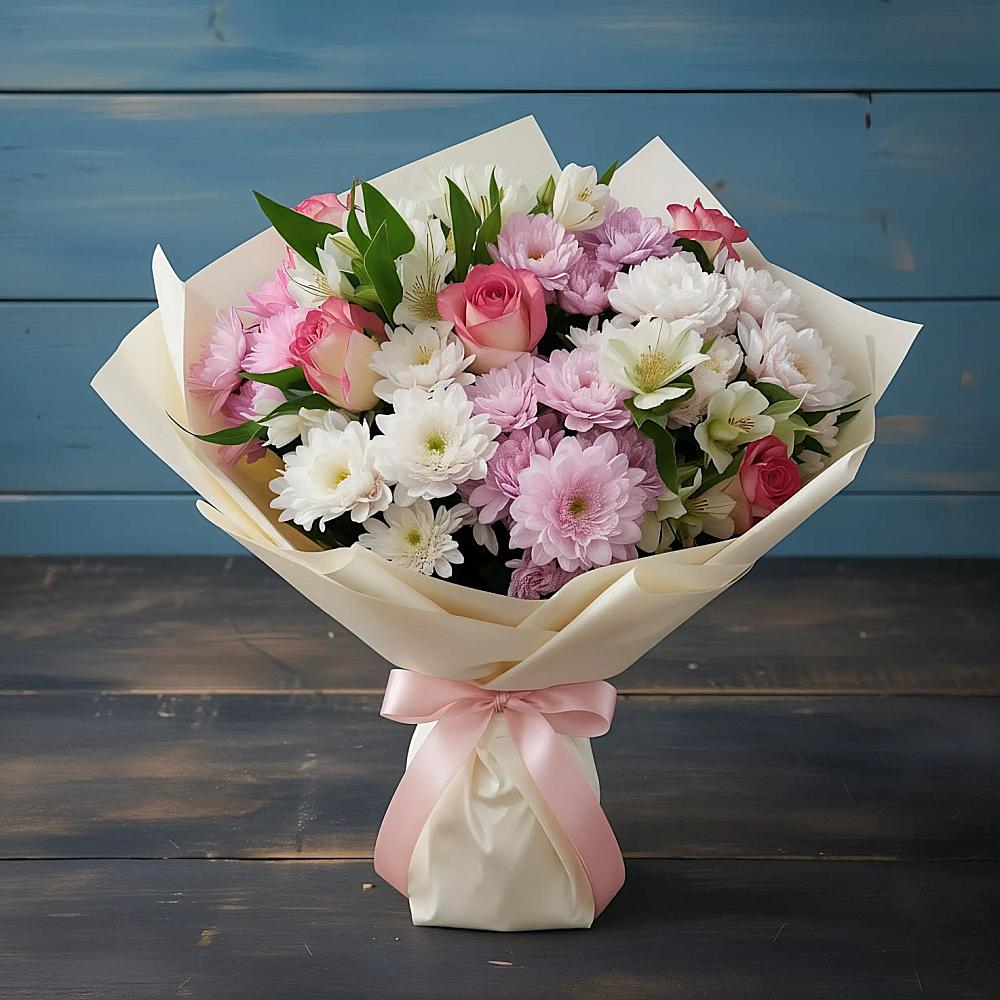 Букет цветов из: Хризантемы, Альстромерии и Розы в Ленинском Ставропольского края